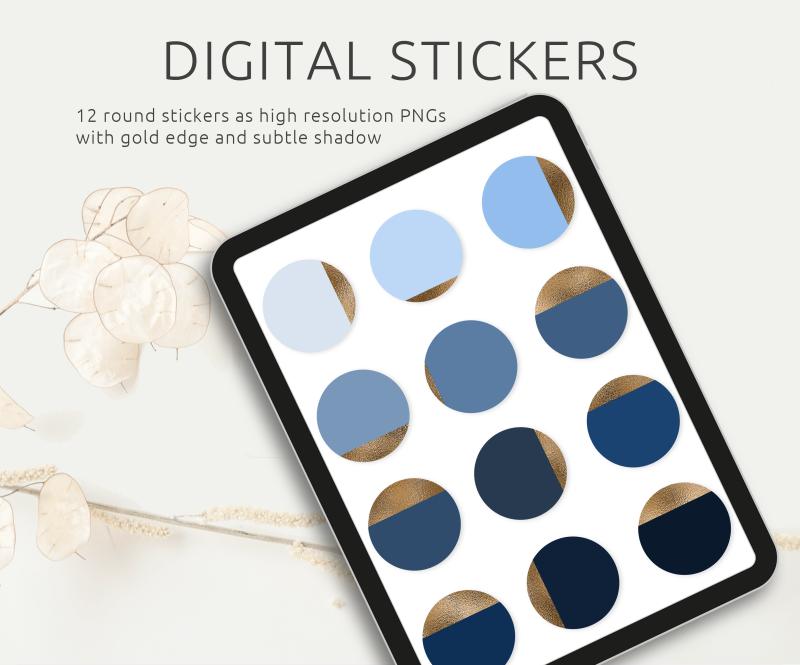 Digitales Sticker Set - 12 Sticker in Blautönen mit Goldkante, PNG Dateien, kompatibel mit GoodNotes und Co., Printable