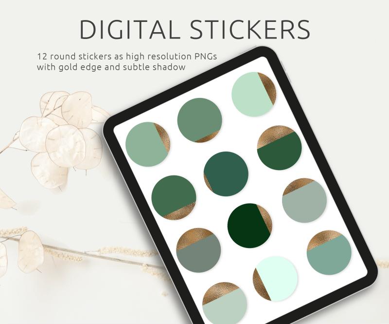 Digitales Sticker Set - 12 Sticker in Grüntönen mit Goldkante, PNG Dateien, kompatibel mit GoodNotes und Co., Printable
